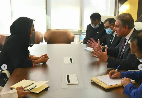 UAE Minister Reem Al-Hashimi meets Shah Mehmood, Foreign Minister briefs him on visa issues