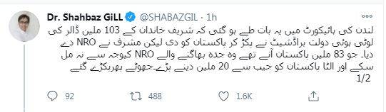  103 ملین ڈالر کی لوٹی ہوئی رقم براڈ شیٹ نے پکڑ کر پاکستان کو دی ، شہباز گل 