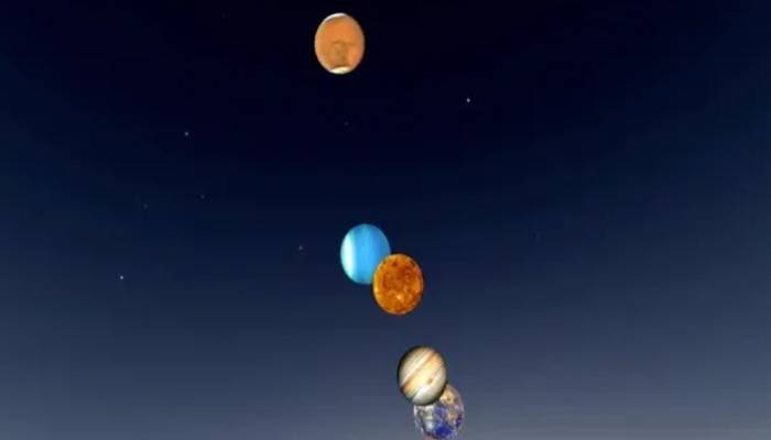  نظام شمسی  کے سیارے عطارد، زہرہ، مریخ، مشتری اور یورینس چاند کے قریب جمع 