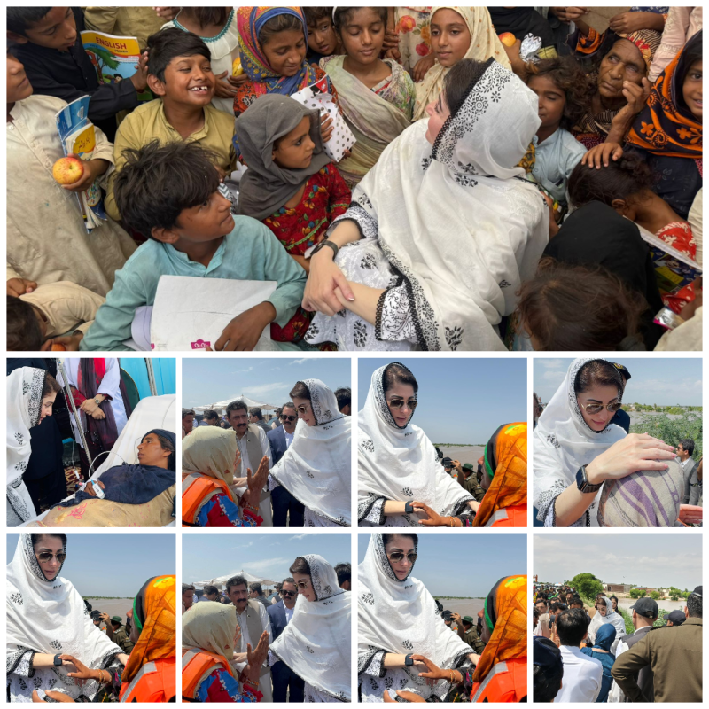 وزیراعلیٰ پنجاب مریم نواز کا فلڈ ریلیف کیمپ کا دورہ، بچوں میں گھل مل گئیں، خواتین کو تحائف دیے