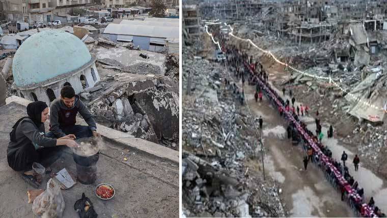غزہ: اسرائیلی حملوں سے متاثرہ فلسطینی خاندان کا گھر کے ملبے پر روزہ افطار