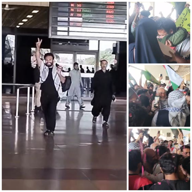 غزہ امدادی مشن سے سعد ایدھی کی وطن واپسی، کراچی ایئرپورٹ پر فیصل ایدھی اور مشتاق احمد کا شاندار استقبال