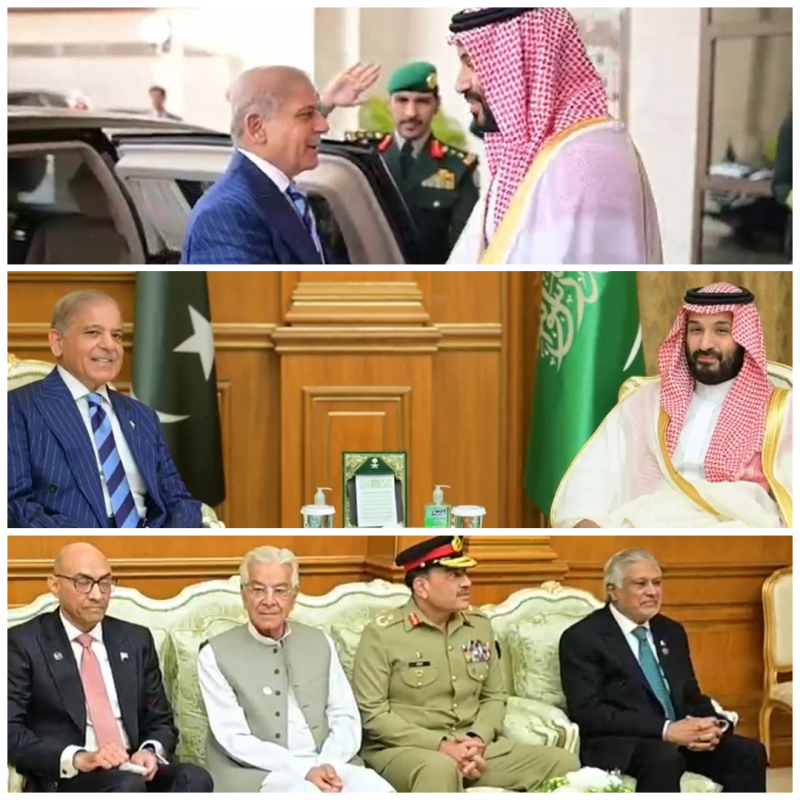 وزیراعظم شہباز شریف اور فیلڈ مارشل سید عاصم منیر کی سعودی ولی عہد محمد بن سلمان سے ملاقات