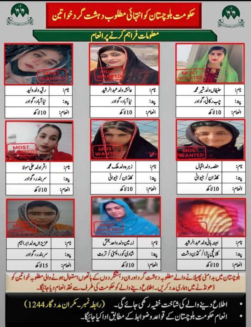 بلوچستان میں 9 مطلوب خواتین سے متعلق انعامی رقم مقرر، اطلاع دینے والوں کی شناخت خفیہ رکھنے کا اعلان