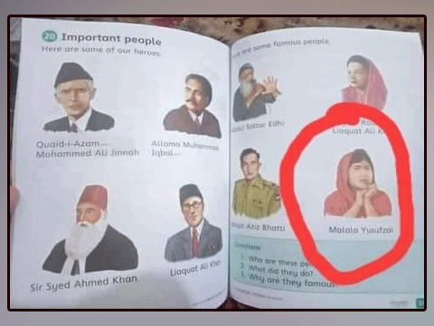 Malala Yousafzai's picture with national heroes, text board confiscates book